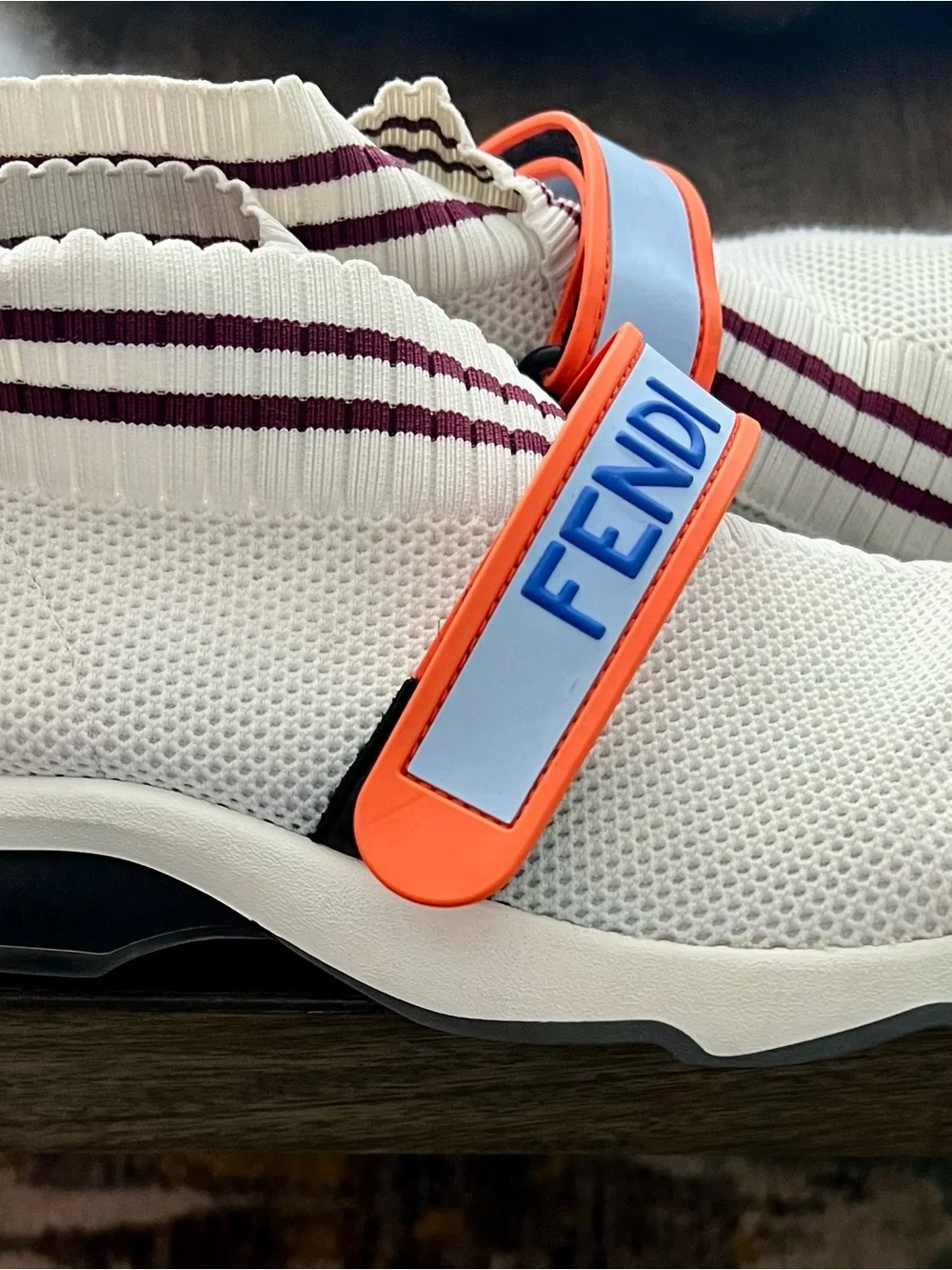 Fendi Cream Knit Slip-On Sneakers with Burgundy Stripe & Blue-Trim Orange Strap